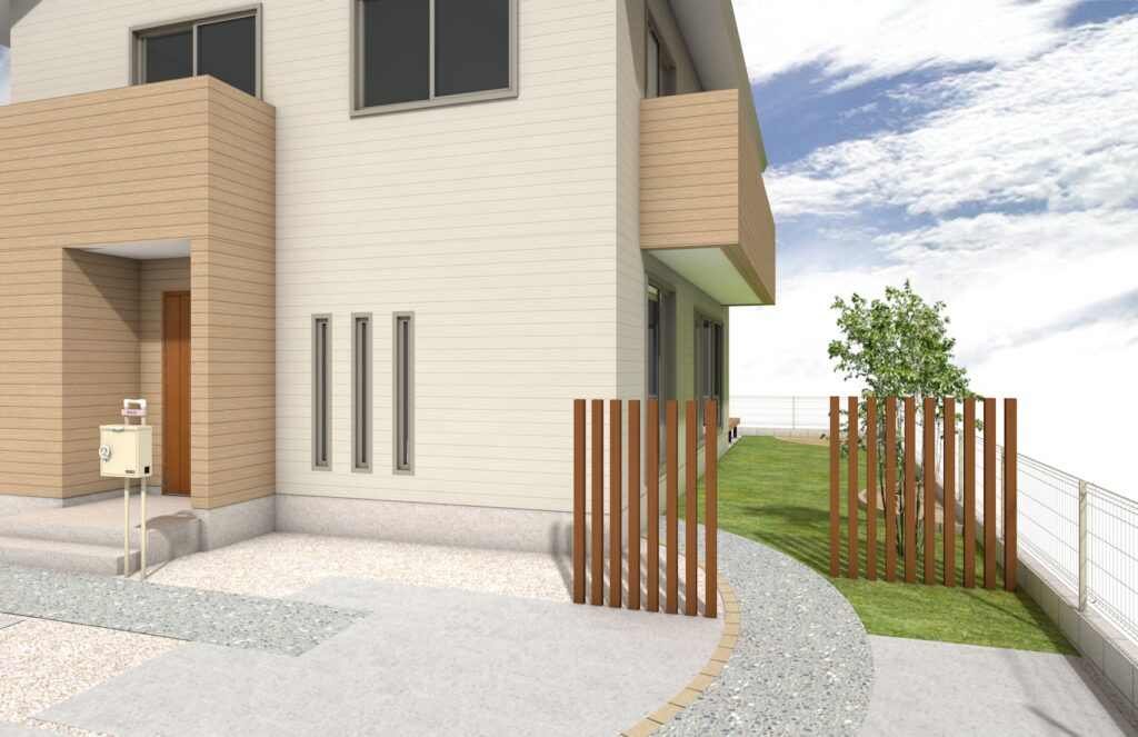 駐車場とお庭の間部分は木調のアルミ柱を配置し、プライベート空間をさりげなく仕切ります。