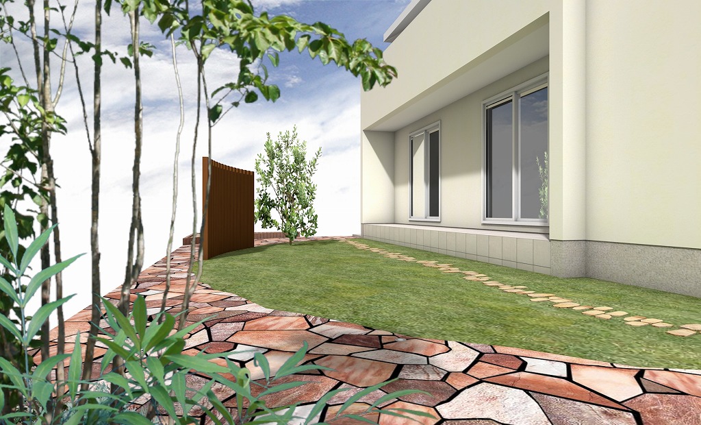 お庭と家を繋ぐ部分にはタイルデッキを取り入れお庭への出入りを助けます。